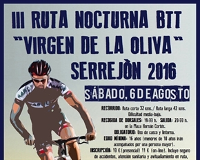 El sábado 6 de agosto se celebrará la III Ruta Nocturna BTT Virgen de la Oliva en Serrejón